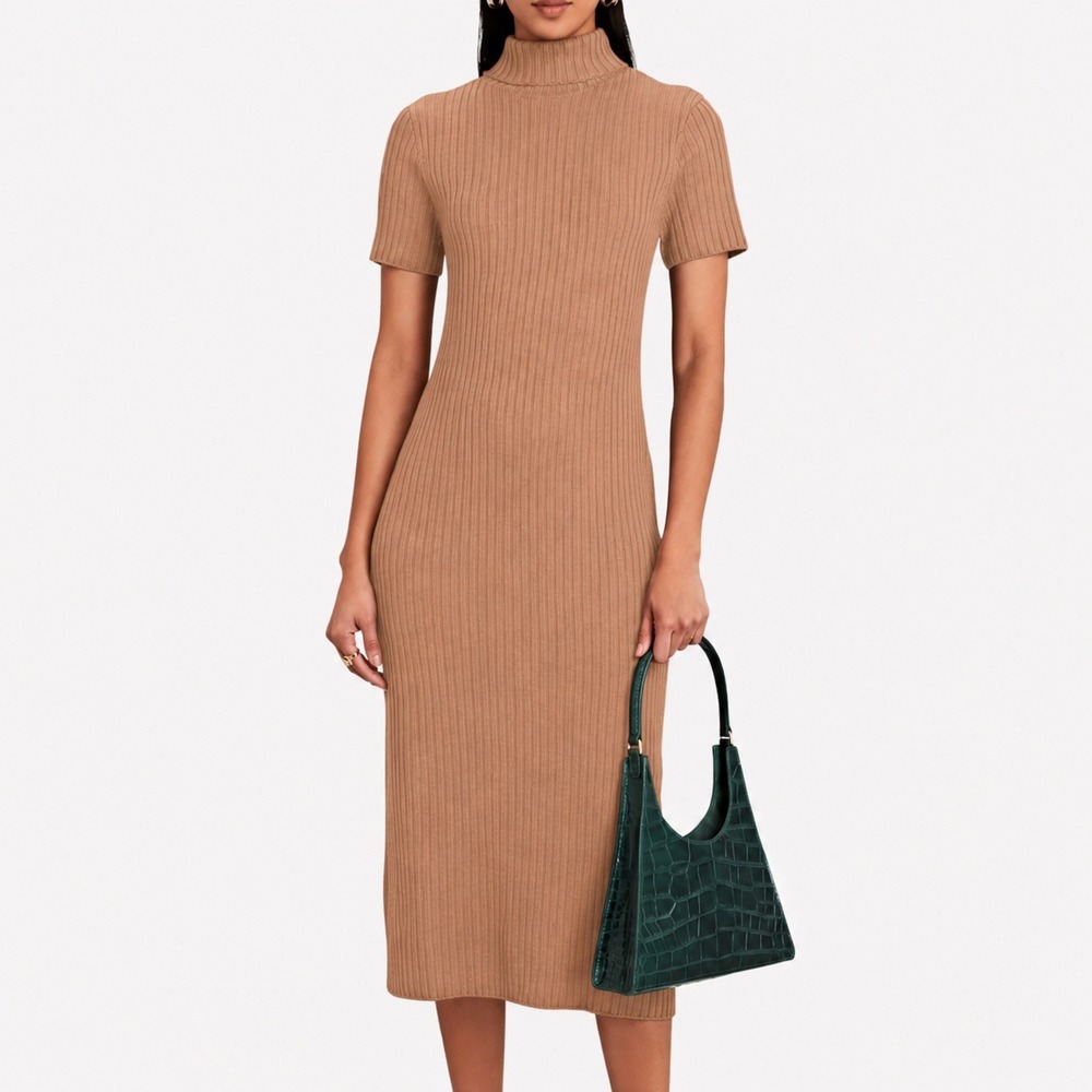 STAUD Camel Lilou Ribbed Knit Turtleneck Midi Sweater Dress Wool Blend Size XL